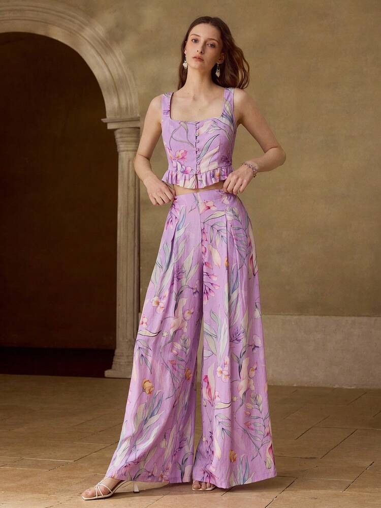 WOMEN'S LINEN PRINTED 2 PIECES SET, SPRING/SUMMER