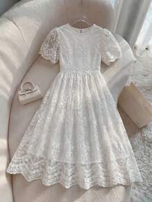 SHEIN Đầm ren cổ tròn phối họa tiết dễ thương và thanh lịch cho bé gái tuổi teen - trắng - Xem 6