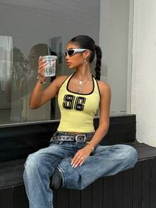 Muchica Áo len nữ cổ yếm ôm dáng, họa tiết số, kiểu dáng thường ngày. - Màu vàng ngỗng - Xem 4