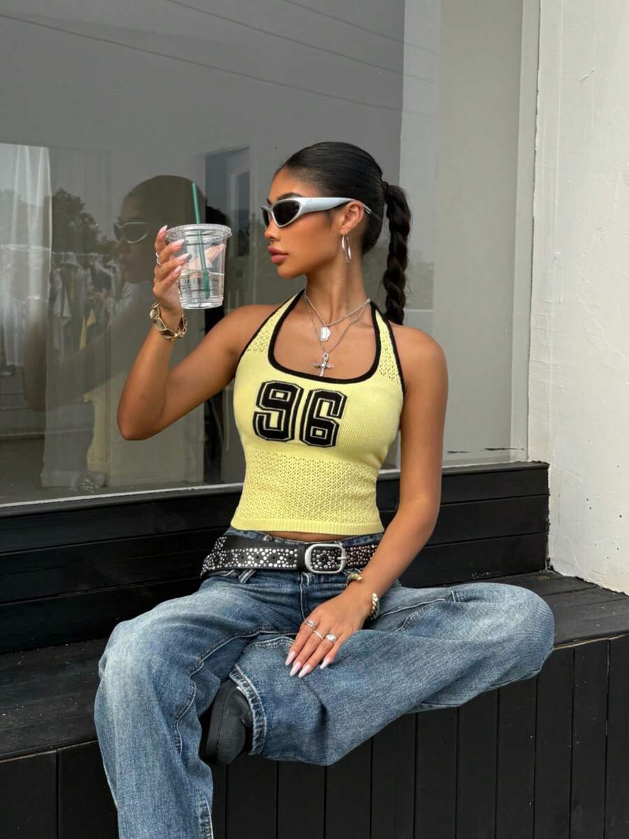 Muchica Women's Numeric Pattern Fitted Casual Halter Neck Knit Top - Pale Yellow - View 1