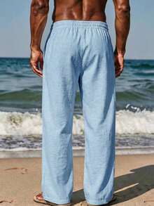 VIVINTIMO Pantalon décontracté polyvalent pour usage quotidien avec cordon de serrage à la taille et poches, idéal pour les vacances - Bleu lagon - Voir 2