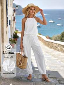 Faunlyn Women's Casual Beach Vacation Style Solid Color Backless Tie-Front Top And Drawstring Waist Loose Pants Set - White - View 1