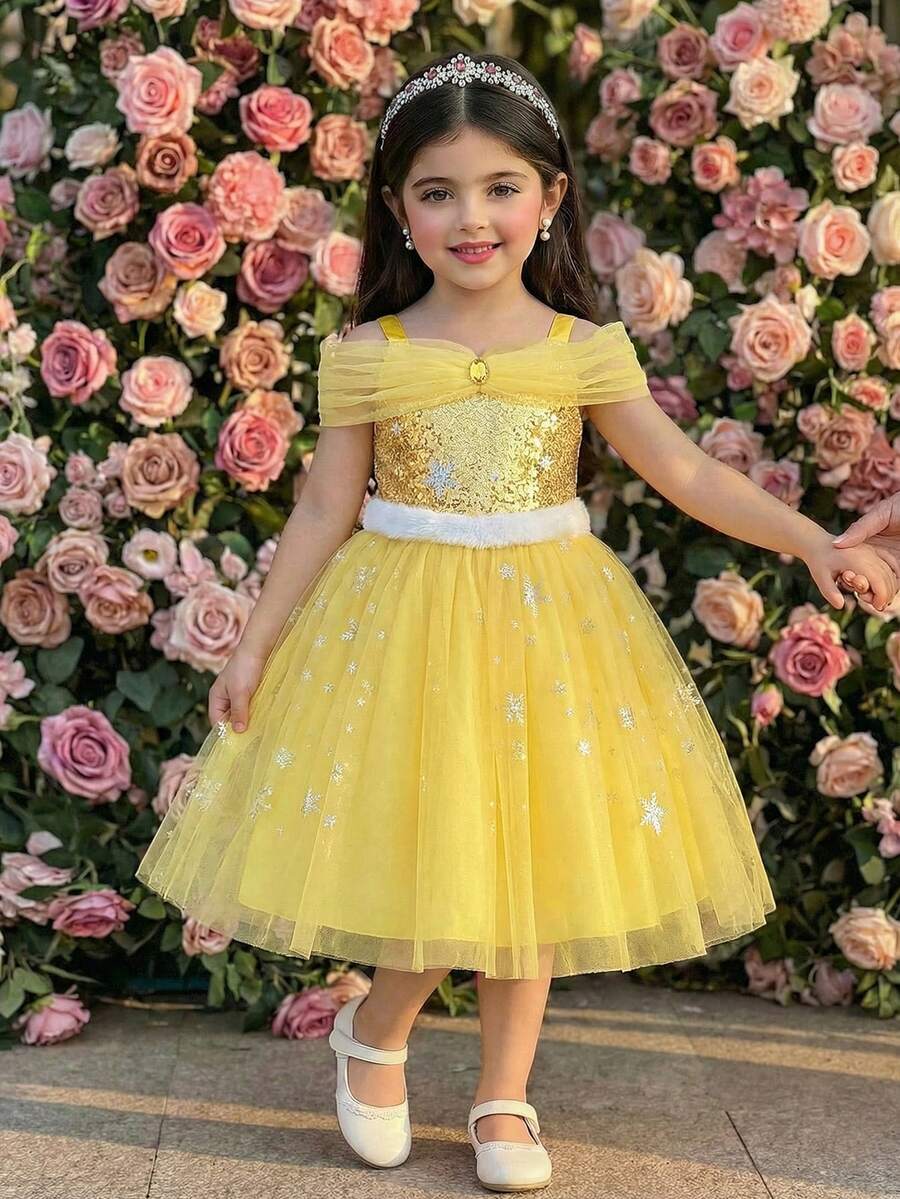 Glamorique Kids Đầm công chúa lưới màu vàng cho bé gái, đầm phồng voan in họa tiết bông tuyết, viền lông trắng, đính sequin vàng, trang phục dự tiệc, đầm dạ hội thanh lịch, hàng mới về mùa Thu/Đông, phù hợp mọi mùa, phong cách Trung Đông & Châu Âu, chất liệu mềm mại và thoải mái, thời trang Xuân/Hè 2026, thời trang mới SS26, đồ cần thiết cho kỳ nghỉ, trang phục mùa hè cho trẻ em. - Màu vàng - Xem 1