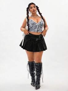 SHEIN CURVE+ Chân váy denim đen cỡ lớn dành cho nữ, thời trang và không co giãn, trang phục mùa xuân. - màu đen - Xem 1