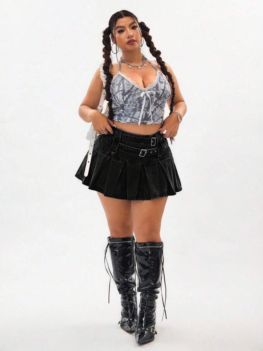 SHEIN CURVE+ Chân váy denim đen cỡ lớn dành cho nữ, thời trang và không co giãn, trang phục mùa xuân. - màu đen - Xem 1