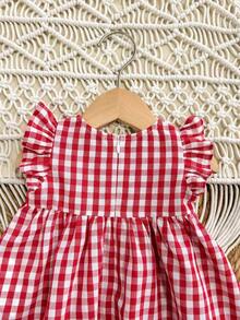 SHEIN Newborn Baby Girl Cute Casual Red & White Plaid Strawberry Pattern Dress,Kids - Multicolor - View 8