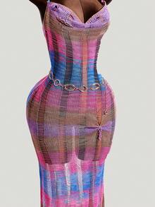 SHEIN Swim Vcay 女士度假条纹垂褶领罩衫连衣裙 - 彩色 - 查看 3