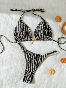 Elavelle Women's Halter Tie Back Zebra Stripe Thong Bikini Set Multicolor Fabric - Multicolor - View 4