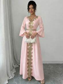 Selianne Đầm dạ hội dài thanh lịch dành cho nữ, cổ chữ V, đính ren, xếp ly, thắt eo. - Hồng - Xem 3