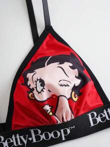 Betty Boop x SHEIN Bộ đồ mặc nhà thoải mái dành cho nữ, gồm áo hai dây và quần short in chữ và hoạt hình. - Màu Đỏ Sâu - Xem 3
