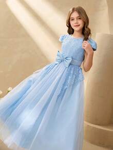 Girls' Luxury Niche High-End Hostess Birthday Performance Dress, Piano Recital Runway Princess Gown, Elegant Tulle Maxi Dress Girls Blue Elegant Dress Girls Lace And Tulle Dress Girls Formal Blue Dress Girls Formal Dress Kids Wedding Guest Dress Blue Party Dress Party Dresses For Girls Elegant Dresses For Girls Tulle Dress For Girl Gowns For Girls Lace Dress For Girl Blue Party Dress For Girl Girls Party Dress Formal Dresses For Girls Girls Bow Dress Girls Blue Formal Dress - Blue - View 3