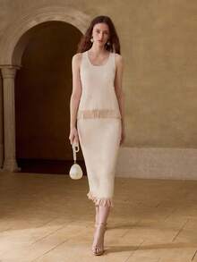 MOTF WOMEN'S RHINESTONE DECOR TASSEL HEM SLEEVELESS KNIT TOP AND KNIT SKIRT 2 PIECES SET - Apricot - View 2