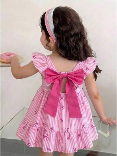 LMoss Kids Đầm mùa hè dễ thương cho bé gái, kẻ sọc, nơ, tay bồng.