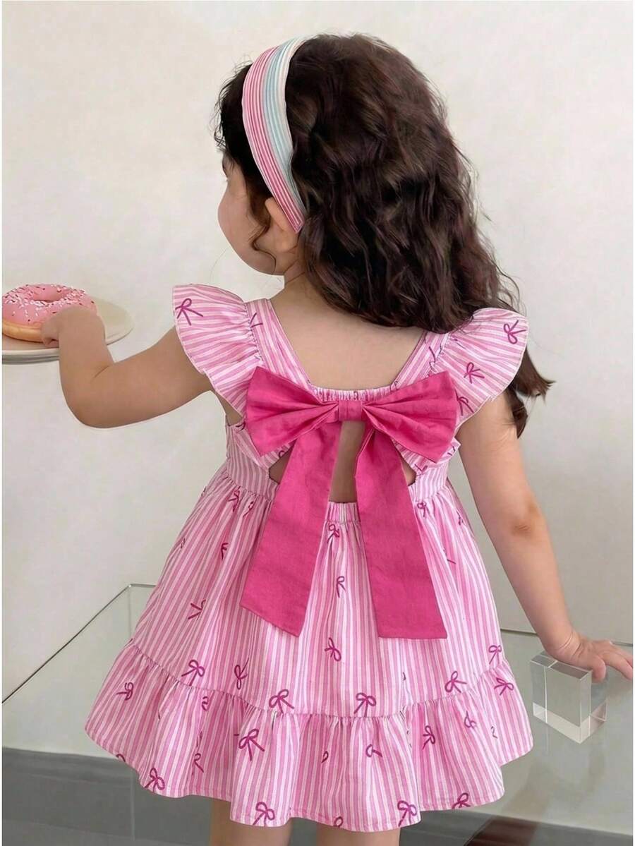 LMoss Kids Đầm mùa hè dễ thương cho bé gái, kẻ sọc, nơ, tay bồng. - Hồng - Xem 1