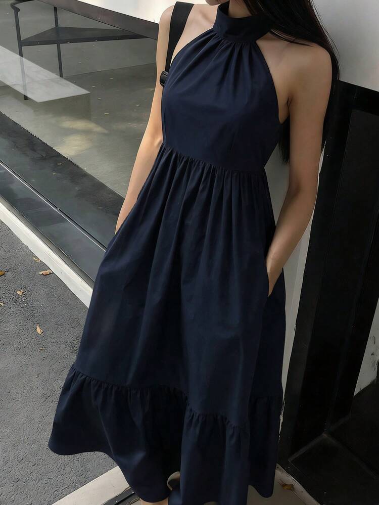 Women's Solid Color Ruffle Hem Maxi Halter Dress