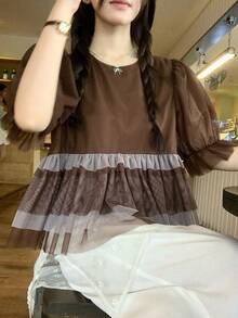 DAZY 女士圆领网纱轻薄上衣，韩版，春夏款 - 咖啡棕 - 查看 4