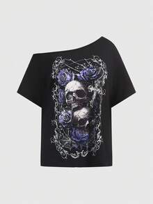 ROMWE Gothic Skull, Purple Rose & Spider Web Print Asymmetric Collar Plus Size T-Shirt - Black - View 5