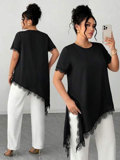 Elenzga Plus Size Women's Dropped Shoulder Short Sleeve Shirt With Lace Hem, Elegant Vintage Style Long Blouse, Versatile Round Neck Black Elegant Ladies Shirt Vest Top, Suitable For Graduation, Holidays, Valentine's Day, Music Festivals, Mother's Day, Halloween, Thanksgiving, Easter, National Day, Dances, Dates, Parties, Weddings, Outings.