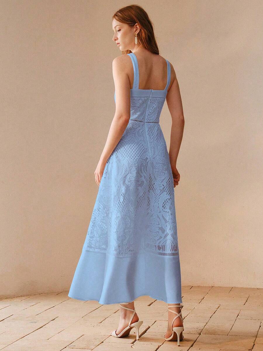 MOTF PREMIUM NEW ARRIVAL SPRING/SUMMER LIGHTWEIGHT ELEGANT SPAGHETTI STRAP SQUARE NECK LACE TRIM HOLLOW OUT FLARED DRESS FOR WOMEN - Lake Blue - View 2