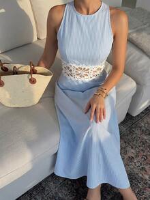 Firerie 女士优雅春夏浪漫休闲海滩度假日常时尚婚礼派对蓝白条纹露背蕾丝拼接透视无袖A字蓝色长裙 - 藍白色 - 查看 1