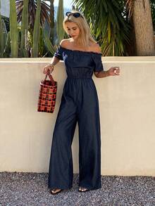DAZY Bộ jumpsuit denim nữ màu trơn thanh lịch, chất liệu denim bạc màu, kiểu dáng trễ vai, có bèo nhún, thích hợp cho mùa xuân/hè. - Rửa trung bình - Xem 4