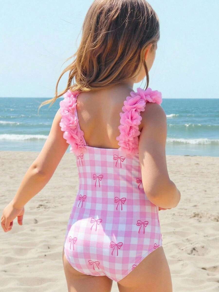 SHEIN 少女可爱粉色碎花条纹蝴蝶结装饰连体泳衣，夏季 - 粉色 - 查看 1