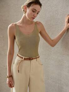 MOTF PREMIUM WOMEN'S SOLID COLOR V-NECK RIBBED KNIT TOP - Gold - View 7