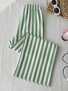 SHEIN 少女休闲简约舒适中腰直筒裤 - 綠色 - 查看 2