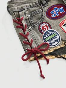 ROMWE Avant 女士Y2K复古运动芭蕾风图案刺绣抽绳低腰性感迷你牛仔短裤 - 淺灰色 - 查看 3