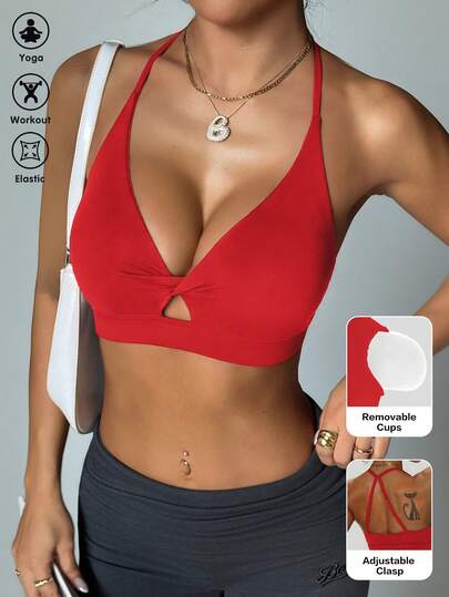 Core Rhythm Sujetador deportivo de mujer de unicolor, con tirantes retorcidos, cómodo y transpirable con diseño calado