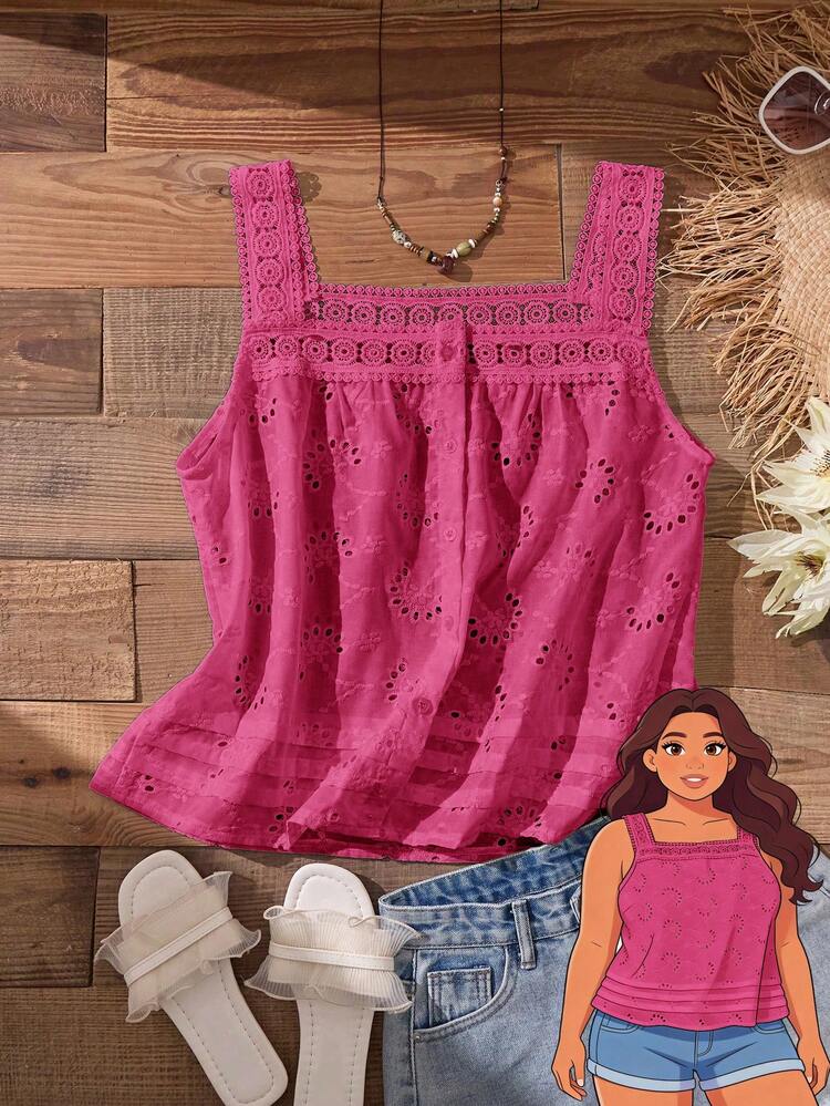 Plus Size Women's Summer Casual Vacation Country   Lace Patchwork Spaghetti Strap Backless Embroidered Rose Pink Blouse,Plus Size Women's Summer Casual Vacation Country Lace Patchwork Open Back Embroidered Solid Color Rose Pink Sleeveless Blouse, Summer Holiday,Spring Break,Vacation,Going Out,2026 New,Simple And Fashionable For Everyday Wear,Casual Vacation Boho Top,Suitable For Summer, Vacation, Commute, Daily Wear,Festival Outfits For Women,Country Concert Outfit,Beach Outfits For Women,Western Style