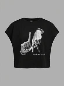 Slaydiva Women's Black And White Los Angeles Hand Gesture Graphic Sleeveless Cropped T-Shirt,Summer Streetwear Night Out Night Y2K Loose Round Neck Top Grunge - Black - View 4