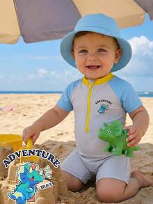 SHEIN Baby Boy Summer Casual Vacation Dinosaur Pattern Color Block One-Piece Swimsuit & Shorts, Suitable For Beach, Hot Spring, Swimming Pool - Multicolor - View 3