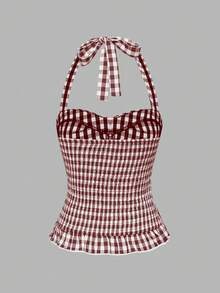 ROMWE Avant Conjunto de camisola con escote halter sin espalda con estampado de lunares y cuadros, estilo romántico de vacaciones para mujer - Marrón Mocha - Ver 5