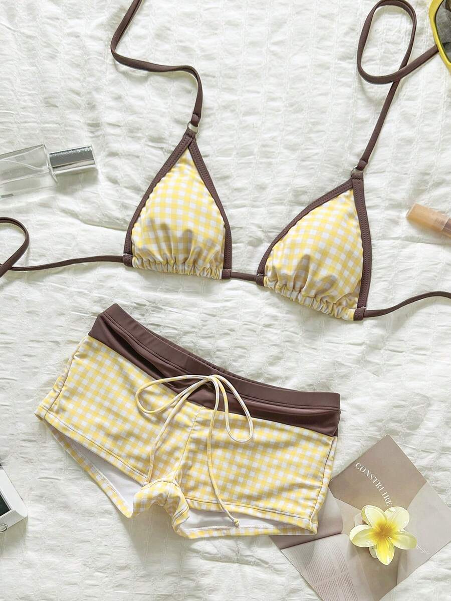 Swim Mod Đồ bơi nữ họa tiết kẻ caro, quần bơi ngắn gợi cảm, bikini, đồ bơi màu nâu cho nữ, trang phục dự tiệc Valentine, năm mới, kỳ nghỉ, đồ bơi mùa xuân và mùa hè. - Màu vàng - Xem 1