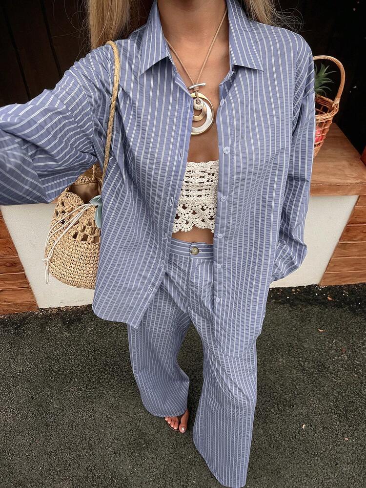Women's Loose Casual Blue Striped Shirt And Pants 2 Pieces Set, Suitable For Spring And Summer