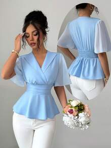 Elenzga Trang phục mùa hè mới 2026, trang phục đi nghỉ mát, trang phục lễ hội, trang phục đi biển, áo kiểu thanh lịch, áo thun thường ngày, áo đi biển tay lưới bồng bềnh, áo tắm thanh lịch, trang phục hẹn hò đêm retro gợi cảm, áo sơ mi xanh nhạt ôm dáng phối lưới xếp nếp kiểu công sở thường ngày. - Màu xanh nhạt - Xem 4