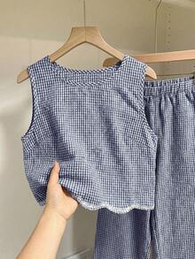 SHEIN Frenchy Bộ đồ nữ kẻ caro cổ tròn và quần ống rộng, kiểu dáng thường ngày, gồm 2 món. - Màu xanh hải quân - Xem 3