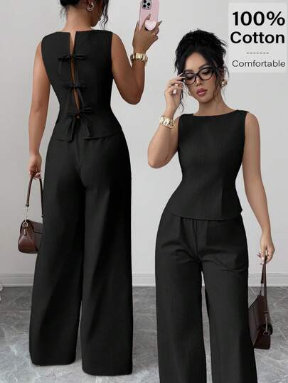 Siren Gaze Women's Solid Color Backless Sleeveless Shirt And Wide Leg Pants 2 Pieces Set,Work Outfits For Women