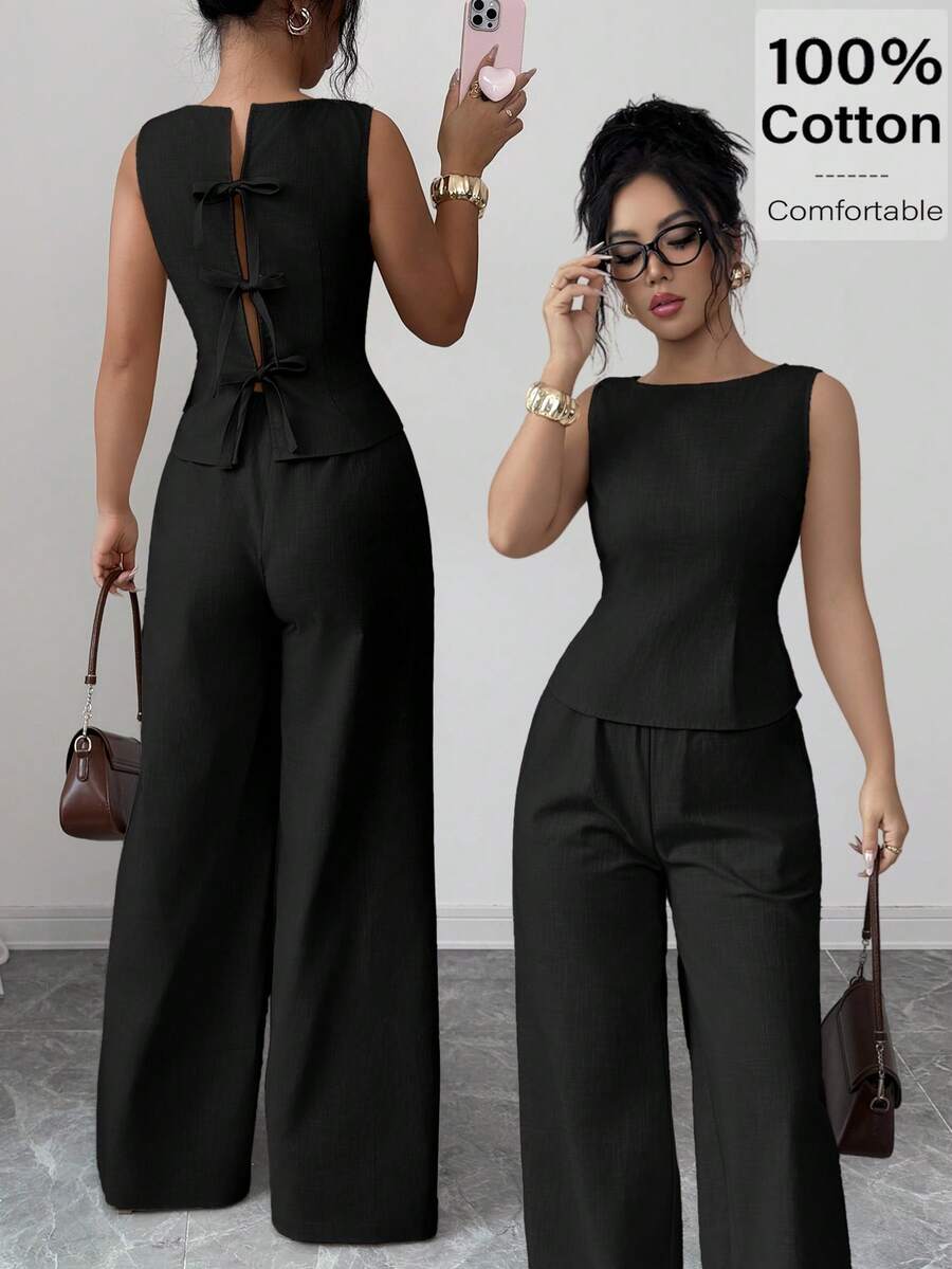 Siren Gaze Women's Solid Color Backless Sleeveless Shirt And Wide Leg Pants 2 Pieces Set,Work Outfits For Women - Black - View 1
