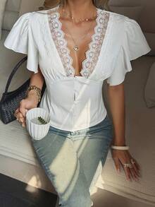 Pariaura 女士休闲优雅白色V领蕾丝边饰荷叶袖衬衫，夏季女装，休闲女式衬衫，度假上衣 - 白色 - 查看 9