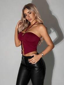 SHEIN ICON 修身金属装饰露背开衩下摆女式背心 - 酒紅色 - 查看 9