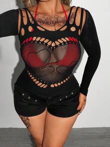 Whyspr Plus Size Women Sexy Hollow Out Fitted Top - Black - View 2