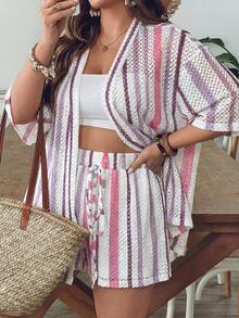 SHEIN VCAY Plus Size Women Summer Blue & White Striped Shirt And Shorts Knit 2 Pieces Set - Multicolor - View 4