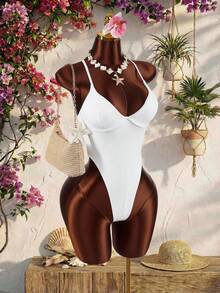 Amplova 1 bộ áo tắm liền thân dành cho nữ, thiết kế có cúp ngực, chống nước, chống tia UV, co giãn 4 chiều, thích hợp cho kỳ nghỉ biển để bảo vệ da khỏi ánh nắng mặt trời. - trắng - Xem 4