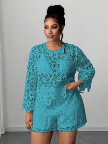 Maweii 大码优雅纯色镂空刺绣喇叭袖衬衫 - 水鴨藍 - 查看 4