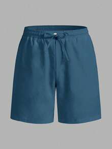 Manfinity Homme Men's Solid Color Oblique Pocket Knotted Casual Shorts, Spring/Summer, Holiday - Navy Blue - View 5