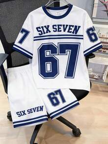 SHEIN 2件套青少年男童休闲经典酷炫棒球运动风套装，67号，星形印花短袖圆领T恤和短裤套装，适合春夏季节日常穿着、运动、郊游、上学、聚会、节日、拍照等场合。 - 彩色 - 查看 2