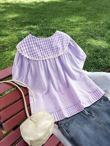 Flirla Plus Size Blue Plaid Short Sleeve Loose Casual Cute Shirt - Purple - View 2