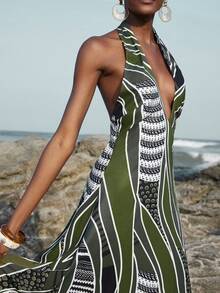 Aveloria Breezaya Vestido de cuello halter con estampado geométrico de contraste de color verde oliva y negro/blanco, elegante y sexy vestido de fiesta de vacaciones para primavera/verano - Multicolor - Ver 4
